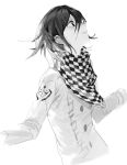  1boy bangs checkered checkered_scarf commentary_request dangan_ronpa double-breasted greyscale hair_between_eyes highres jacket long_sleeves looking_up male_focus monochrome nalgaeeomneundwaeji new_dangan_ronpa_v3 ouma_kokichi parted_lips scarf sketch solo upper_body 