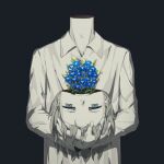  1boy avogado6 black_border blue_eyes blue_flower border collared_shirt decapitation disembodied_head flower long_sleeves looking_at_viewer original plant potted_plant shirt solo upper_body white_shirt wing_collar 
