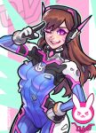  1girl animal_print aqua_outline armor artist_name bangs blue_bodysuit bodysuit breasts bright_pupils brown_hair bunny_print character_name commentary commission cowboy_shot d.va_(overwatch) english_commentary facepaint facial_mark gloves grin headphones lips logo long_hair looking_at_viewer medium_breasts one_eye_closed overwatch pilot_suit pink_background pink_eyes pink_lips ribbed_bodysuit rowen_montera salute shoulder_armor signature skin_tight smile solo standing striped striped_background swept_bangs turtleneck violet_eyes whisker_markings white_gloves 