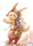  1girl :3 animal_ears blush_stickers bow_(bhp) clothing_cutout ears_through_headwear fang from_behind furry grey_hair horizontal_pupils horns long_hair looking_at_viewer looking_back made_in_abyss nanachi_(made_in_abyss) pants puffy_pants simple_background smile solo standing tail_cutout whiskers white_background yellow_eyes 