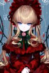  1girl artist_name bangs blue_background blue_eyes bow bowtie brown_hair dress eyebrows_visible_through_hair flower green_bow green_neckwear highres long_hair long_sleeves looking_at_viewer own_hands_together pink_flower pink_rose red_dress rose rozen_maiden sheya shinku signature smile solo twintails upper_body 