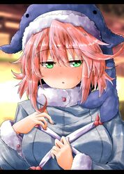  1girl animal_hat blue_headwear blush breasts commentary_request eyebrows_visible_through_hair green_eyes hat highres large_breasts letterboxed long_sleeves looking_at_viewer okunoda_miyoi oshiaki parted_lips pink_hair solo sweatdrop touhou upper_body whale_hat 