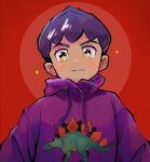  1boy bangs blush bo9_(bo9_nc) commentary_request dinosaur_print eyelashes hood hoodie hop_(pokemon) looking_at_viewer male_focus parted_lips pokemon pokemon_(game) pokemon_swsh print_hoodie purple_hair purple_hoodie short_hair solo sparkle yellow_eyes 