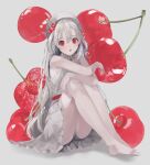  1girl absurdres barefoot cherry food fruit grey_background highres huge_filesize long_hair looking_at_viewer mile_(mil2) open_mouth original red_eyes sitting solo very_long_hair white_hair 