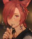  ! 1boy animal_ears bangs blush braid cat_ears fangs ffxivys final_fantasy final_fantasy_xiv fork g&#039;raha_tia hair_ornament hair_over_one_eye hand_up holding holding_fork jewelry looking_at_viewer male_focus miqo&#039;te neck_tattoo necklace portrait red_eyes redhead single_braid solo swept_bangs tattoo utensil_in_mouth x_hair_ornament 