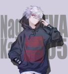  1boy black_hoodie character_name eyebrows_visible_through_hair eyes_visible_through_hair film_grain grey_hair hair_between_eyes hand_in_pocket highres hood hood_down hoodie jewelry male_focus nagisa_kaworu neon_genesis_evangelion red_eyes ring solo ximubingo 