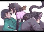  2girls animal_ears black_hair black_jaguar_(kemono_friends) black_legwear black_neckwear black_skirt blue_hoodie blush bow bowtie commentary_request denim elbow_gloves extra_ears eyebrows_visible_through_hair food food_in_mouth gloves hood hoodie jaguar_ears jaguar_girl jaguar_print jaguar_tail jeans kemono_friends kemono_friends_3 lying multiple_girls on_back pants pocky pocky_kiss print_gloves print_legwear print_neckwear print_skirt purple_shirt red_eyes shirt short_hair skirt tail thigh-highs tmtkn1 yuri zettai_ryouiki 