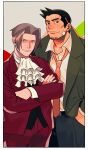  2boys bandaid bandaid_on_face bangs black_hair black_vest bow bowtie butler coat cowboy_shot facial_hair formal green_coat grey_hair gyakuten_kenji gyakuten_saiban highres itonokogiri_keisuke jacket looking_at_viewer male_focus mitsurugi_reiji multiple_boys open_clothes open_coat paguraisu pants parted_bangs red_jacket red_pants shirt short_hair simple_background smile spiky_hair stubble tray vest white_shirt 