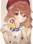  1girl :o absurdres animal_ears bangs beret blush brown_background brown_coat brown_hair can coat dog_ears eyebrows_visible_through_hair hair_between_eyes hair_ornament hairclip hands_up hat highres holding holding_can hololive inugami_korone joker_(tomakin524) long_sleeves looking_at_viewer parted_lips red_eyes red_headwear ribbed_sweater sleeves_past_wrists solo sweater translation_request two-tone_background upper_body virtual_youtuber white_background white_sweater x_hair_ornament 