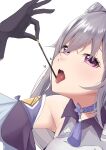  1girl absurdres arm_up bangs bare_shoulders black_gloves choker commentary_request detached_sleeves food fuurin_restia genshin_impact gloves heart highres holding holding_food keqing_(genshin_impact) long_hair looking_at_viewer open_mouth pocky purple_choker silver_hair simple_background solo tassel tongue tongue_out twintails upper_body violet_eyes white_background 