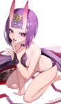  1girl absurdres bangs bare_shoulders blush bob_cut breasts collarbone eyeliner fate/grand_order fate_(series) highres horns japanese_clothes kimono long_sleeves looking_at_viewer makeup mokomaru off_shoulder oni oni_horns open_mouth purple_hair purple_kimono revealing_clothes short_hair shuten_douji_(fate/grand_order) skin-covered_horns small_breasts smile violet_eyes 