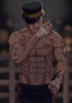  1boy abs bandages black_hair blue_pants brown_eyes chest chest_scar facial_scar golden_kamuy hat highres imperial_japanese_army kepi military military_hat military_uniform muscle navel pants scar scar_on_cheek shirtless short_hair sugimoto_saichi tonta_(tonta1231) uniform 