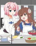  2girls ahoge apron blush brown_hair chiyoda_momo cooking curled_horns demon_girl demon_horns demon_tail eyebrows_visible_through_hair food hair_ornament hairclip horns kitchen long_hair machikado_mazoku multiple_girls open_mouth pink_hair pot shiny shiny_hair short_hair tail takano_ui yoshida_yuuko_(machikado_mazoku) 