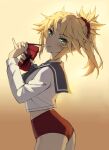  1girl :&gt; absurdres ass bangs blonde_hair blush braid commentary_request eating eyebrows_visible_through_hair fate/apocrypha fate_(series) food food_in_mouth from_side green_eyes hair_ornament hair_scrunchie highres holding holding_food long_sleeves looking_at_viewer medium_hair mordred_(fate) mordred_(fate)_(all) pocky pocky_day ponytail red_scrunchie red_shorts school_uniform scrunchie shorts simple_background smile solo tonee two-tone_background 