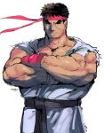  1boy artist_name belt black_belt black_eyes black_hair dougi dreaminerryday english_commentary headband looking_at_viewer muscle red_headband ryu_(street_fighter) solo street_fighter street_fighter_ii_(series) v-shaped_eyebrows white_background 