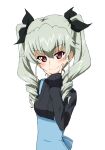  1girl anchovy_(girls_und_panzer) arm_behind_back back_bow bangs black_ribbon black_sweater blue_dress blush bow casual closed_mouth dress drill_hair eyebrows_visible_through_hair fingersmile girls_und_panzer green_hair hair_ribbon kayabakoro long_hair long_sleeves looking_at_viewer pinafore_dress red_eyes ribbon sleeves_past_wrists smile solo standing sweater twin_drills twintails upper_body v 