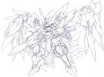  chibi eiji_(tfkn2723) floating holding holding_sword holding_weapon looking_ahead mecha monochrome no_humans open_hand original sketch solo sword weapon wings 