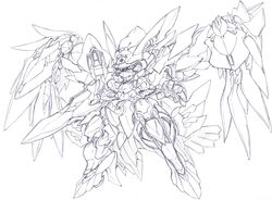  chibi eiji_(tfkn2723) floating holding holding_sword holding_weapon looking_ahead mecha monochrome no_humans open_hand original sketch solo sword weapon wings 