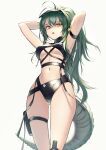 1girl antenna_hair arknights armpits arms_behind_head arms_up ass_visible_through_thighs bare_shoulders belt_pouch bikini black_bikini breasts cowboy_shot crocodilian_tail gavial_(arknights) green_hair groin highleg highleg_bikini highres itaco large_breasts long_hair looking_at_viewer multiple_straps navel open_mouth ponytail pouch shaded_face simple_background solo standing stomach swimsuit tail thigh_strap thighs under_boob visor_cap white_background yellow_eyes