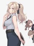  ! 3girls black_dress black_neckwear black_skirt blonde_hair blue_eyes breasts brown_hair collared_shirt dress eyebrows_visible_through_hair grey_background grey_neckwear highres hornet_(kantai_collection) intrepid_(kantai_collection) kantai_collection large_breasts long_hair multiple_girls neckerchief necktie open_mouth pencil_skirt ponytail rokuwata_tomoe saratoga_(kantai_collection) shirt short_sleeves side_ponytail simple_background skirt sleeveless sleeveless_shirt smile white_shirt 