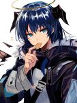  1girl arknights blue_eyes blue_hair commentary_request detached_wings eating expressionless eyebrows_visible_through_hair food food_in_mouth fur-trimmed_jacket fur_trim hair_between_eyes halo highres holding holding_food horns jacket long_sleeves looking_at_viewer mostima_(arknights) nuu_(liebe_sk) open_clothes shirt solo upper_body white_shirt wings 