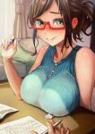 1girl bare_shoulders blush breast_rest breasts brown_hair closed_mouth curtains eraser glasses green_eyes large_breasts looking_at_viewer mechanical_pencil notebook original pencil red-framed_eyewear ribbed_shirt sakumichi shirt sidelocks sleeveless sleeveless_shirt smile table window 