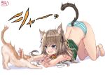  1girl akino_ell all_fours animal_ears ass bad_anatomy bad_leg bangs bare_shoulders barefoot bell bell_collar blue_eyes brown_hair cat cat_ears cat_tail claw_pose collar commentary_request fang fingernails full_body hair_ornament hair_ribbon hairclip highres jingle_bell long_hair looking_at_animal nail_polish open_mouth original panties red_collar ribbon shirt_lift signature simple_background solo stretch striped striped_panties tail tail_raised teeth top-down_bottom-up translation_request underwear upper_teeth white_background 