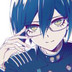  1girl bangs bespectacled blue_hair brown_eyes closed_mouth commentary_request dangan_ronpa face glasses grey-framed_eyewear hair_between_eyes hand_up kanata_(loser51) long_sleeves looking_at_viewer lowres male_focus new_dangan_ronpa_v3 saihara_shuuichi short_hair simple_background smile solo striped_jacket white_background 