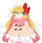  1girl blonde_hair blue_eyes blush bow breath capelet commentary_request dress fairy_wings gloves hat hat_bow ini_(inunabe00) lily_white long_sleeves open_mouth pink_gloves pink_scarf red_bow scarf simple_background solo touhou white_background white_dress white_headwear wings winter_clothes 