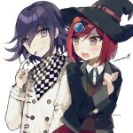  !! 1boy artist_name bangs black_headwear black_jacket black_shirt blush brown_eyes checkered checkered_scarf collared_shirt commentary_request dalrye_v3 dangan_ronpa double-breasted food gasp gem grin hair_between_eyes hair_ornament hairclip hand_up hands_up hat jacket long_sleeves looking_at_another new_dangan_ronpa_v3 open_mouth ouma_kokichi pleated_skirt pocky pocky_day purple_hair red_skirt redhead scarf school_uniform shirt short_hair simple_background skirt smile teeth teeth_hold twitter_username violet_eyes white_background white_shirt witch_hat yumeno_himiko 