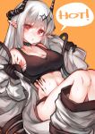 1girl absurdres arknights bangs bare_shoulders black_gloves breasts commentary crop_top eyebrows_visible_through_hair gloves head_tilt highres horns knees_up large_breasts long_hair looking_at_viewer midriff mudrock_(arknights) navel orange_background oripathy_lesion_(arknights) parted_lips pointy_ears red_eyes sarashi silver_hair simple_background solo speech_bubble sports_bra stomach uptwo 