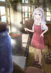  1girl absurdres ahoge apron blue_eyes bottle chair cooking elaina_(majo_no_tabitabi) highres indoors majo_no_tabitabi minau37 neck_ribbon pot ribbon shirt signature silver_hair solo table white_shirt window wooden_chair wooden_floor wooden_table yellow_ribbon 