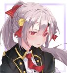  1girl absurdres bell blush face fang grey_hair hair_bell hair_ornament highres hololive horns long_hair looking_at_viewer multicolored_hair nakiri_ayame necktie nono_i831 open_mouth ponytail red_eyes red_neckwear redhead skin_fang solo streaked_hair virtual_youtuber white_background 