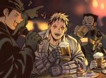  4boys aikawa_(dorohedoro) backwards_hat beer_mug black_hair black_hoodie blonde_hair blush closed_eyes cup dorohedoro hat hood hoodie index_finger_raised jacket karaoke male_focus microphone mug multicolored_hair multiple_boys music no_eyebrows open_clothes open_jacket open_mouth risu_(dorohedoro) shirt short_hair singing smile steel_peach two-tone_hair vambraces white_jacket white_shirt 