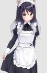  1girl :o alternate_costume animal_ear_fluff animal_ears anz32 apron bangs black_bow black_dress black_hair bow brown_eyes collared_dress commentary dress enmaided eyebrows_visible_through_hair frilled_apron frills gradient_hair grey_background grey_hair hair_between_eyes juliet_sleeves long_sleeves looking_at_viewer maid maid_apron maid_headdress multicolored_hair parted_lips princess_connect! princess_connect!_re:dive puffy_sleeves shiori_(princess_connect!) simple_background skirt_hold solo tiger_ears white_apron 