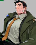  1boy bandaid bandaid_on_face black_hair chest coat collared_shirt facial_hair green_coat gyakuten_saiban highres itonokogiri_keisuke looking_at_viewer male_focus necktie open_clothes open_coat paguraisu shirt short_hair smile solo spiky_hair stubble upper_body 