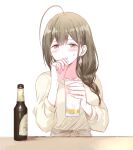  1girl :d ahoge alcohol beer beer_bottle braid brown_eyes brown_hair commentary_request cup drinking_glass earrings hand_on_own_chin holding holding_cup idolmaster idolmaster_shiny_colors jewelry kuwayama_chiyuki open_mouth romi_(346_ura) simple_background single_braid smile solo sweatdrop upper_body white_background 