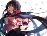  1girl angry bangs black_hair black_skirt blood blunt_bangs blurry commentary_request dangan_ronpa depth_of_field floating_hair hair_ornament hairclip harukawa_maki holding holding_knife holding_weapon injury knife long_hair long_sleeves looking_at_viewer low_twintails mole mole_under_eye new_dangan_ronpa_v3 plaid plaid_skirt pleated_skirt qiao_xing red_eyes red_scrunchie red_shirt sailor_collar school_uniform scrunchie serafuku shirt skirt solo torn_clothes torn_shirt twintails weapon white_background 