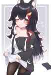  1girl animal_ears black_hair black_legwear blush brown_eyes hololive hood hoodie hoodie_lift lifted_by_self long_hair multicolored_hair one_eye_closed ookami_mio pantyhose shorts shorts_removed smile tail tail_wrap thighband_pantyhose wolf_ears wolf_girl 