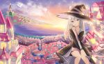  1girl bangs black_robe blue_eyes blush braid broom broom_riding elaina_(majo_no_tabitabi) feet_out_of_frame hat highres looking_at_viewer majo_no_tabitabi outdoors robe scenery solo sunset witch witch_hat 