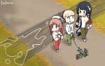  3girls alternate_costume bangs black_hair blonde_hair blue_eyes blunt_bangs casual chalk_outline character_request collar dog_collar flying_sweatdrops green_pants grey_eyes gym_pants hair_ornament hair_ribbon hamu_koutarou highres ju_87 kantai_collection leaf leash long_hair long_sleeves looking_at_another looking_to_the_side low-tied_long_hair mizuho_(kantai_collection) multiple_girls open_mouth outdoors pants red_pants ribbon scared shin&#039;you_(kantai_collection) sidelocks silhouette tree very_long_hair walking wavy_hair 