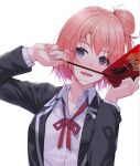  1girl :d food grey_eyes hair_bun holding holding_food long_sleeves looking_at_viewer open_mouth pink_hair pocky pocky_day red_ribbon ribbon rumeha_(aormsj22) school_uniform simple_background smile solo upper_body white_background yahari_ore_no_seishun_lovecome_wa_machigatteiru. yuigahama_yui 