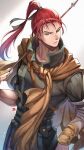  1boy archery arrow_(projectile) blue_eyes bow_(weapon) fire_emblem fire_emblem_heroes highres holding holding_weapon long_hair looking_at_viewer male_focus nakabayashi_zun neck open_mouth ponytail redhead scarf shinon_(fire_emblem) simple_background solo weapon 