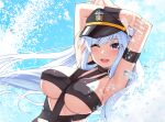  1girl ;d absurdres alternate_costume arm_strap armpits arms_up azur_lane bangs black_headwear blush breasts collarbone dutch_angle emblem english_commentary enterprise_(azur_lane) eyebrows_visible_through_hair hat highres hot_limit large_breasts long_hair looking_at_viewer military_hat mixed-language_commentary one_eye_closed open_mouth peaked_cap revealing_clothes sidelocks silver_hair smile solo sparkle splashing t.m.revolution takurowo under_boob upper_body very_long_hair violet_eyes visor_cap water 