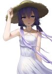  1girl abmayo alternate_costume arm_up armpits bangs bare_arms bare_shoulders blush breasts collarbone commentary cowboy_shot criss-cross_halter dress hair_between_eyes hair_ornament halter_dress halterneck hand_on_headwear hat highres long_hair looking_at_viewer low_twintails open_mouth purple_hair simple_background sleeveless sleeveless_dress small_breasts solo straw_hat sun_hat sundress twintails violet_eyes vocaloid white_background white_dress yuzuki_yukari 