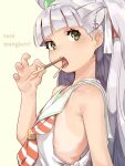  1girl anchor_hair_ornament arm_up bangs bare_arms bare_shoulders bitchcraft123 blush chain dress eating eyebrows_visible_through_hair food food_in_mouth from_side green_eyes hair_ornament hair_ribbon highres italian_text kantai_collection long_hair looking_at_viewer maestrale_(kantai_collection) mixed-language_commentary one_side_up open_mouth pocky_day ribbon sailor_dress silver_hair simple_background sleeveless sleeveless_dress solo tan tanline upper_body white_dress 