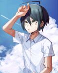  1boy alternate_costume arm_up bangs black_hair blue_sky bojue_(hakus_1128) brown_eyes clouds collared_shirt commentary_request dangan_ronpa day dress_shirt hair_between_eyes highres looking_up male_focus new_dangan_ronpa_v3 outdoors saihara_shuuichi shading_eyes shirt short_sleeves sky solo sun sweat upper_body white_shirt wing_collar 