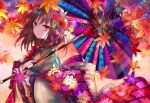  1girl autumn_leaves bangs blue_flower braid brown_hair commentary_request eyebrows_visible_through_hair flower grey_kimono hair_between_eyes hair_flower hair_ornament hair_over_shoulder holding holding_umbrella japanese_clothes kazu_(muchuukai) kimono leaf leaf_hair_ornament long_hair long_sleeves looking_at_viewer maple_leaf obi oriental_umbrella original parted_lips pink_flower purple_flower red_eyes red_flower sash single_braid solo striped umbrella wide_sleeves 
