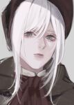  1girl bangs bloodborne bonnet cagefreepotato cloak close-up grey_background hat lips long_hair looking_at_viewer plain_doll silver_hair simple_background solo swept_bangs white_hair 