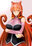  1girl animal_ears azazel_ameri blush breasts cellphone detached_sleeves horei-zai large_breasts long_hair looking_at_viewer mairimashita!_iruma-kun orange_hair phone pointy_ears red_eyes red_nails redhead simple_background standing very_long_hair 